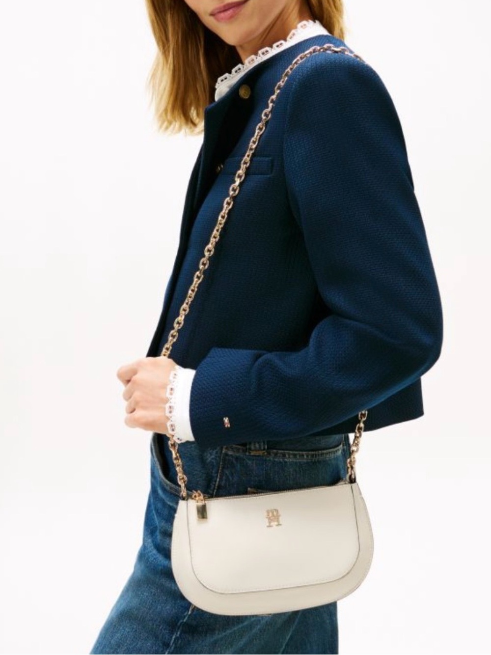 Tommy Hilfiger Cream Leather Chain Crossbody/Shoulder Bag